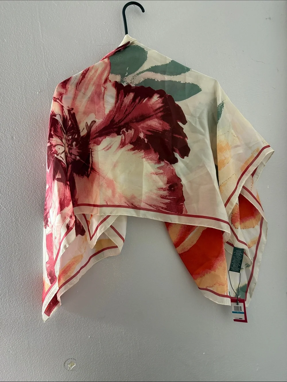 Vince Camuto Floral Watercolor Silk-Feel Scarf in Red and Cream - Elegant Accent